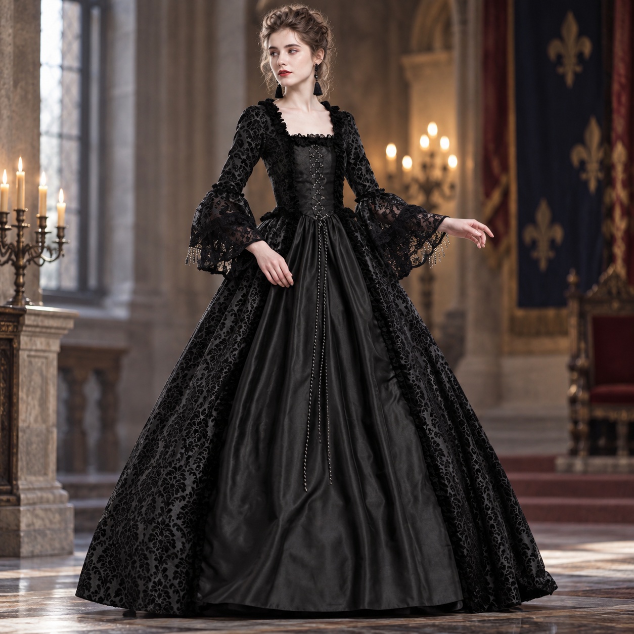 Dresses - Patchwork Flared Sleeve Dress Maxi Length