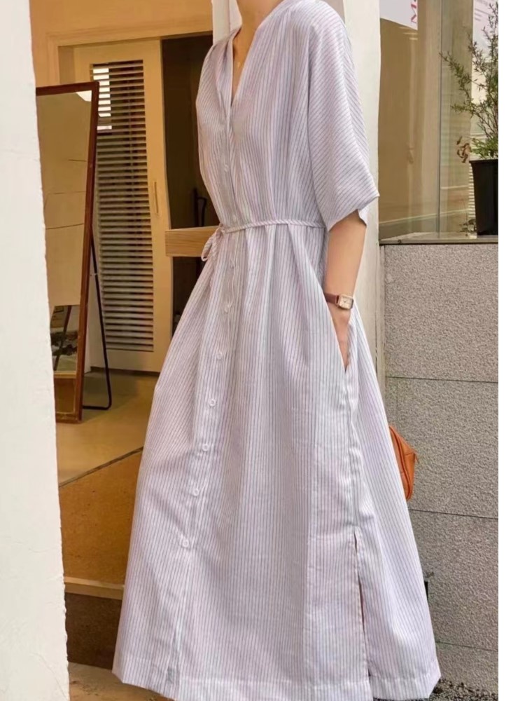 Casual Loose Linen Shirt Dress - Summer Vintage Striped Linen Shirt Women