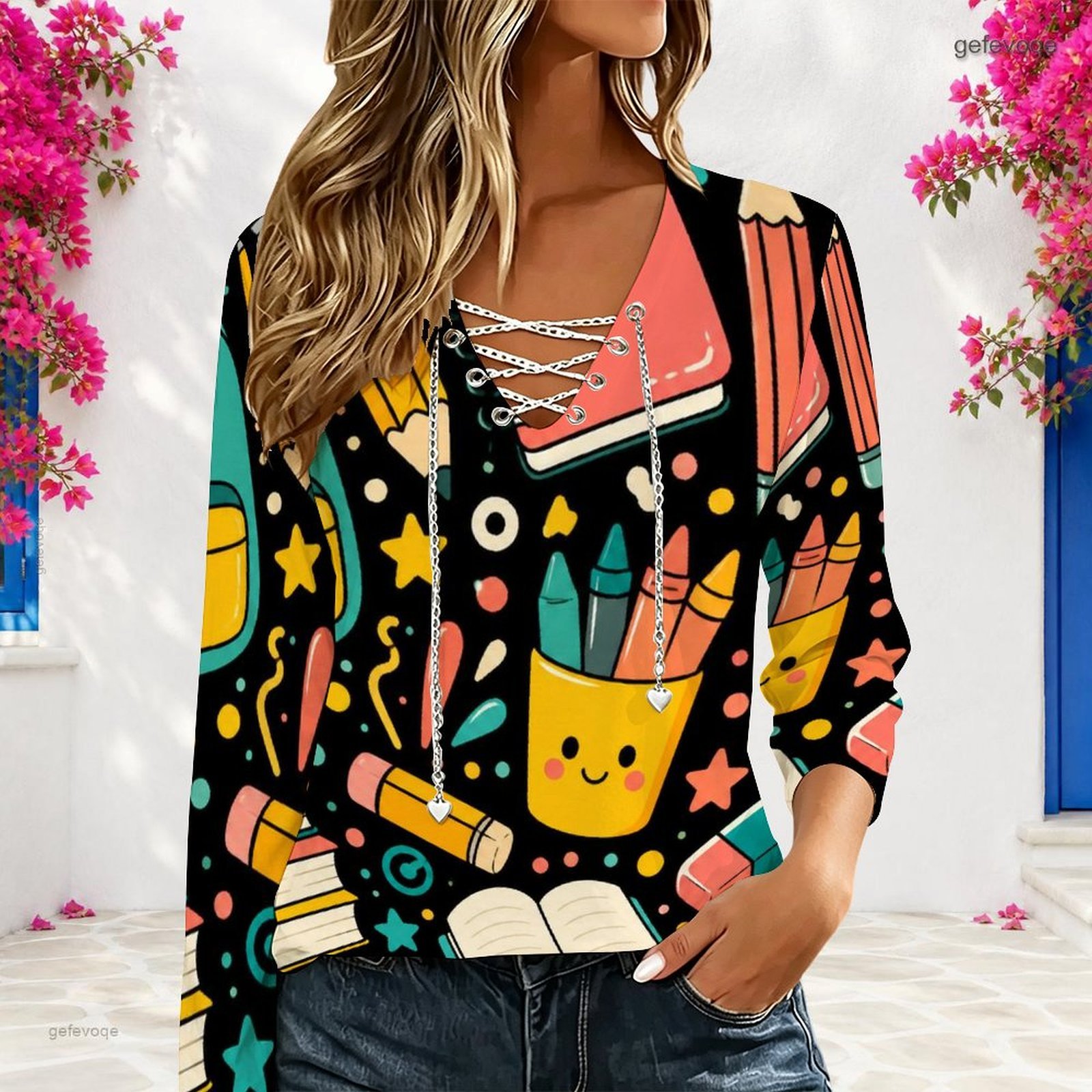 Women V Neck Long Sleeve Top M - огляд і ціна Blouses