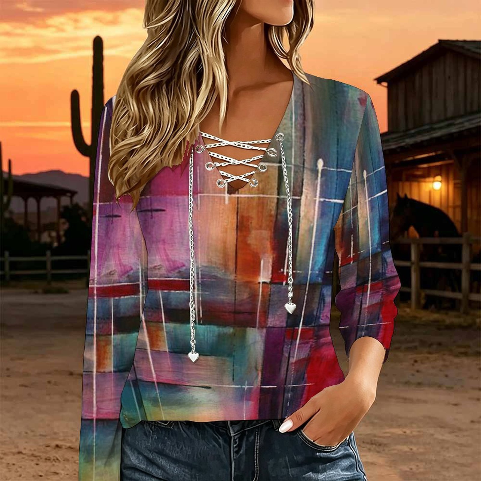 Women V Neck Long Sleeve Top M - огляд і ціна Blouses