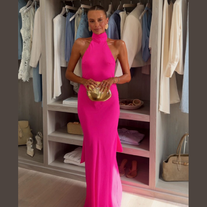 Women Halter Satin Maxi Dress  - огляд і ціна Elegant Satin Evening Gown Split