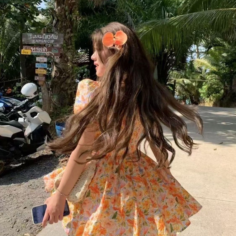 2026 new Orange Floral Print O - огляд і ціна Off Shoulder Puff Sleeve Sundress