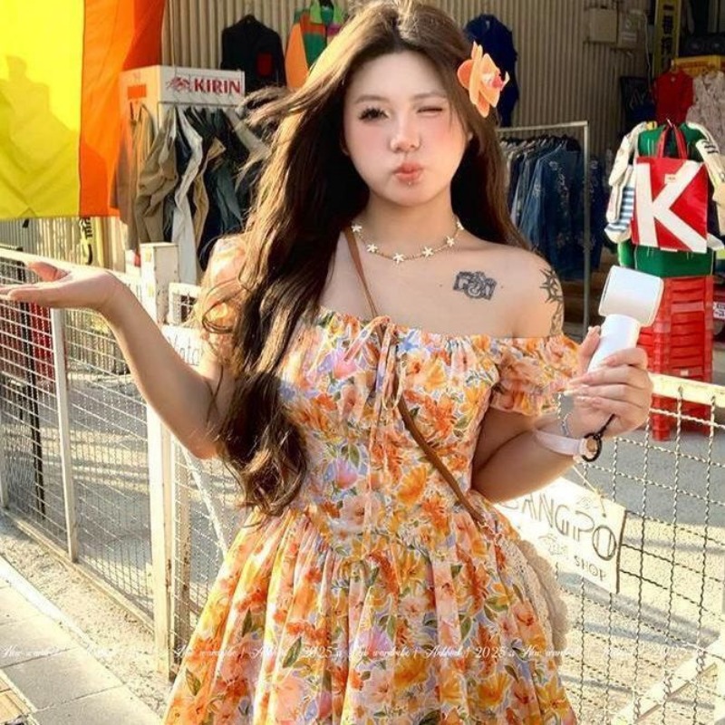 2026 new Orange Floral Print O - огляд і ціна Off Shoulder Puff Sleeve Sundress