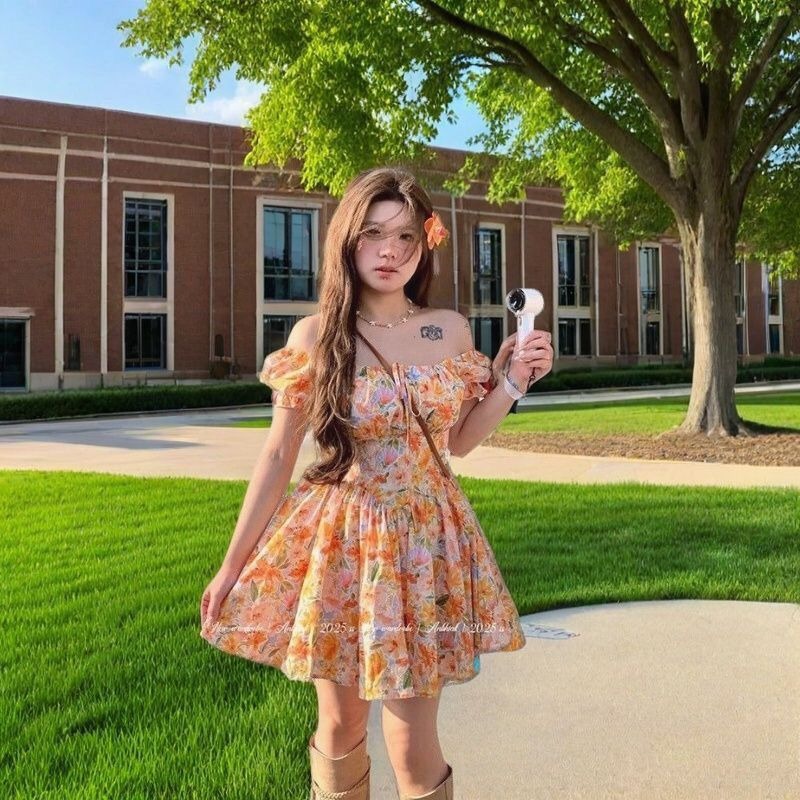 Hotsale Orange Floral Print Of - огляд і ціна Off Shoulder Puff Sleeve Sundress